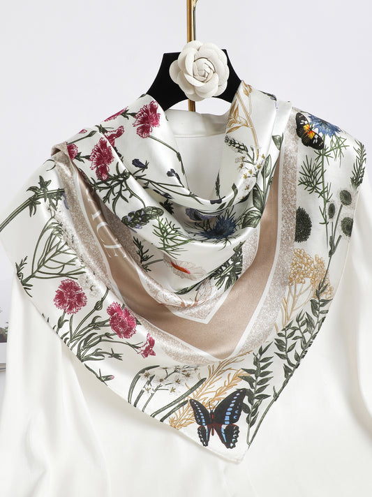 Garden Reverie Square Scarf – Beige & Green – Silk Wool Modal Blend