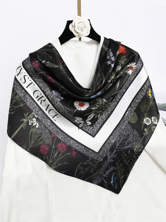 Garden Reverie Square Scarf – Black & White – Silk Wool Modal Blend