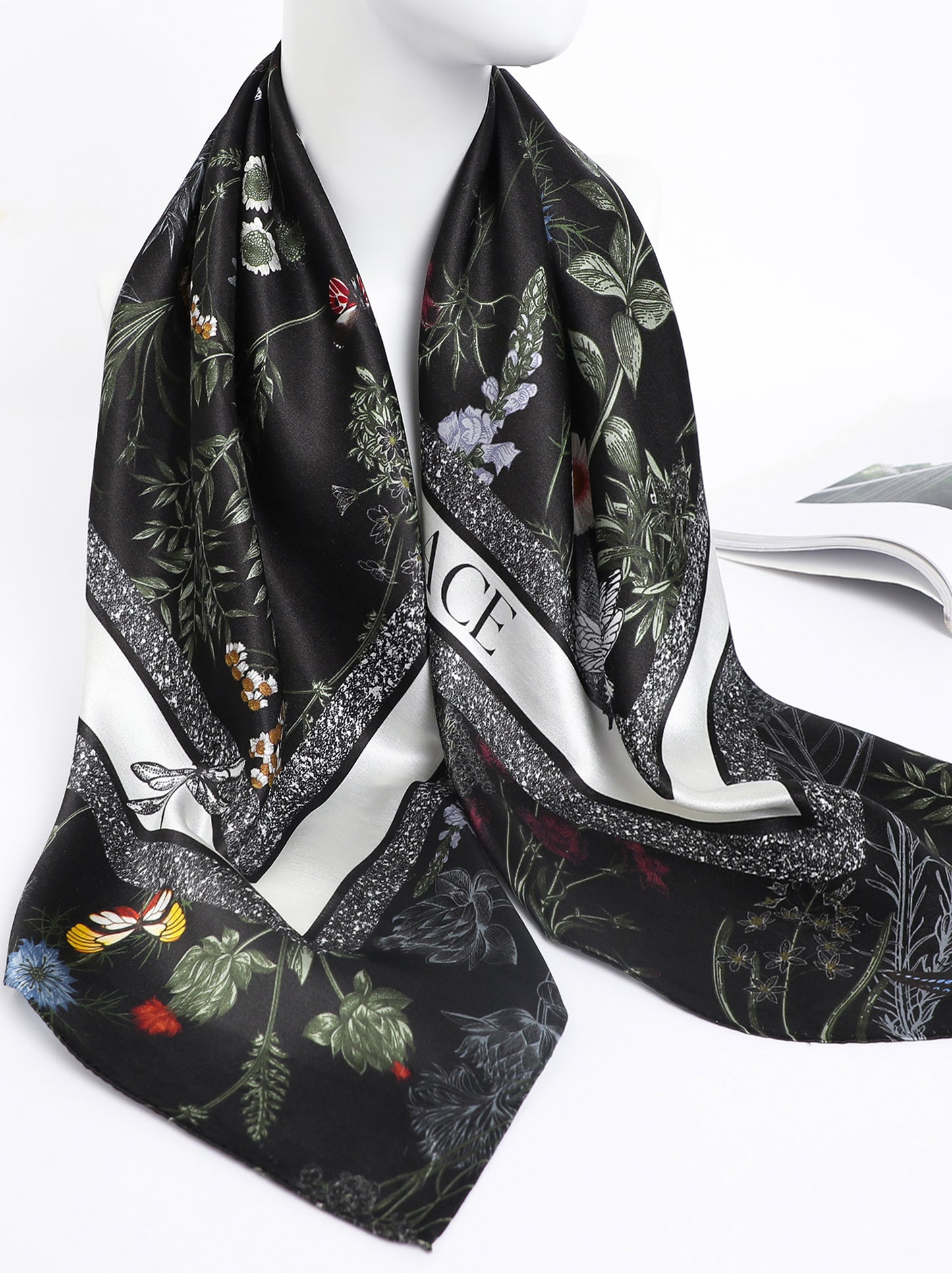 Garden Reverie Square Scarf – Black & White – Silk Wool Modal Blend