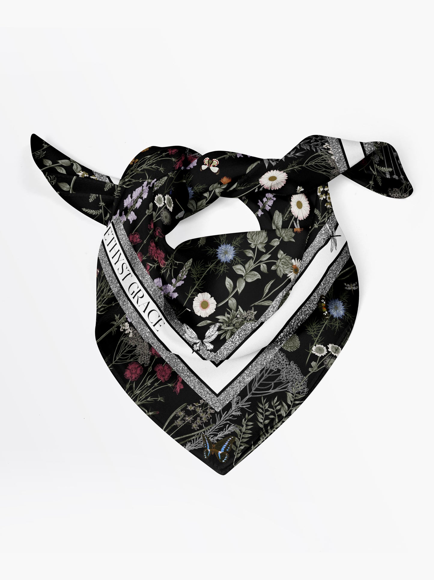Garden Reverie Square Scarf – Black & White – Silk Wool Modal Blend