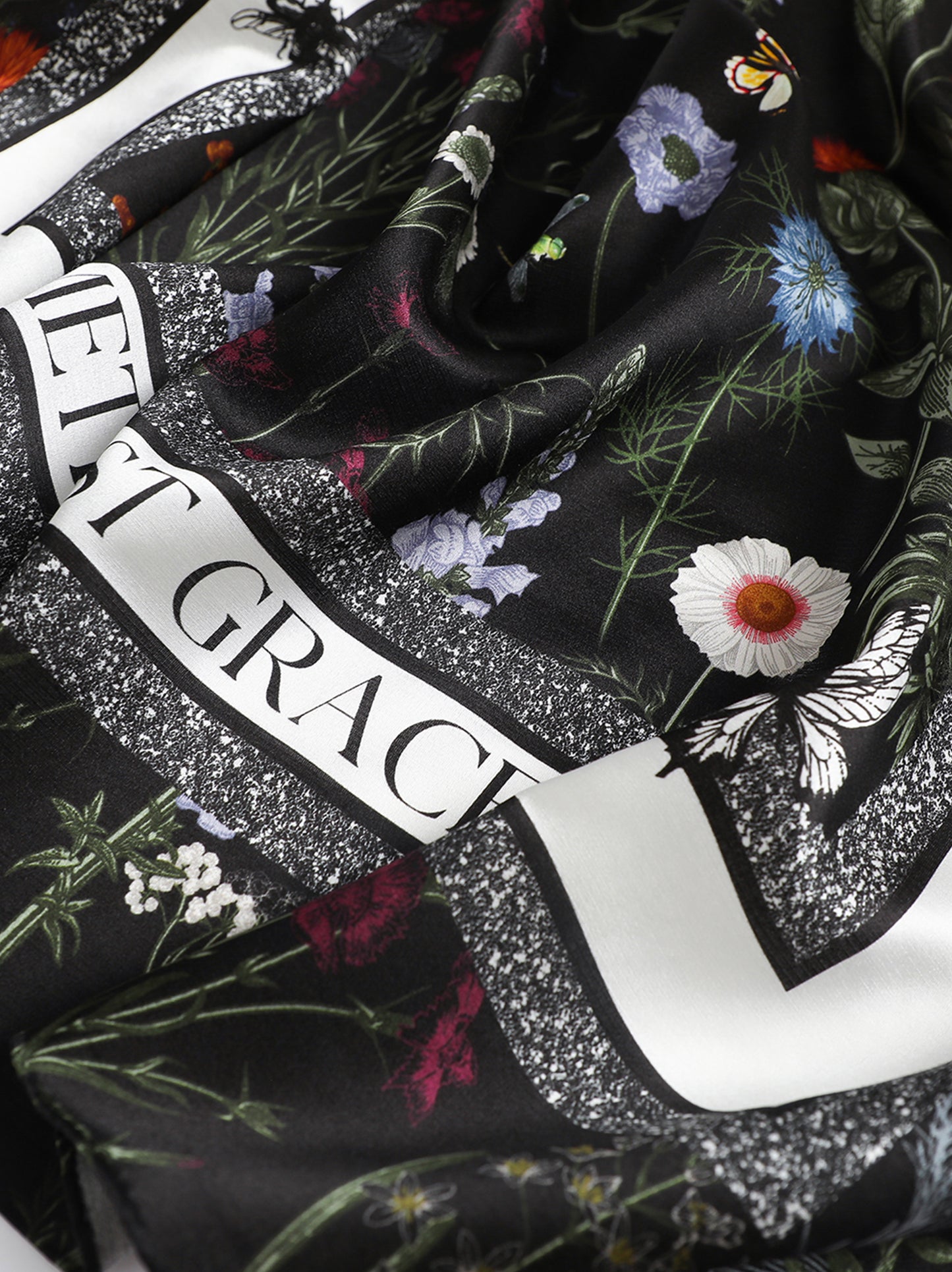 Garden Reverie Square Scarf – Black & White – Silk Wool Modal Blend