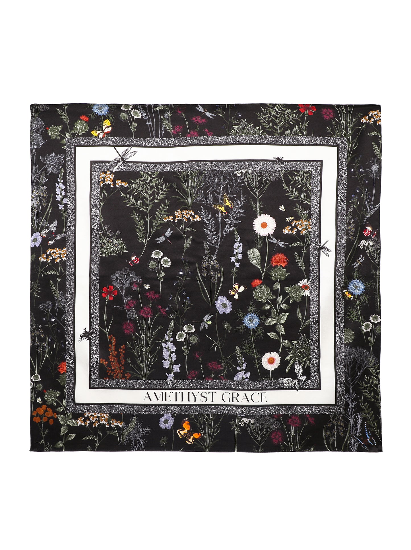 Garden Reverie Square Scarf – Black & White – Silk Wool Modal Blend