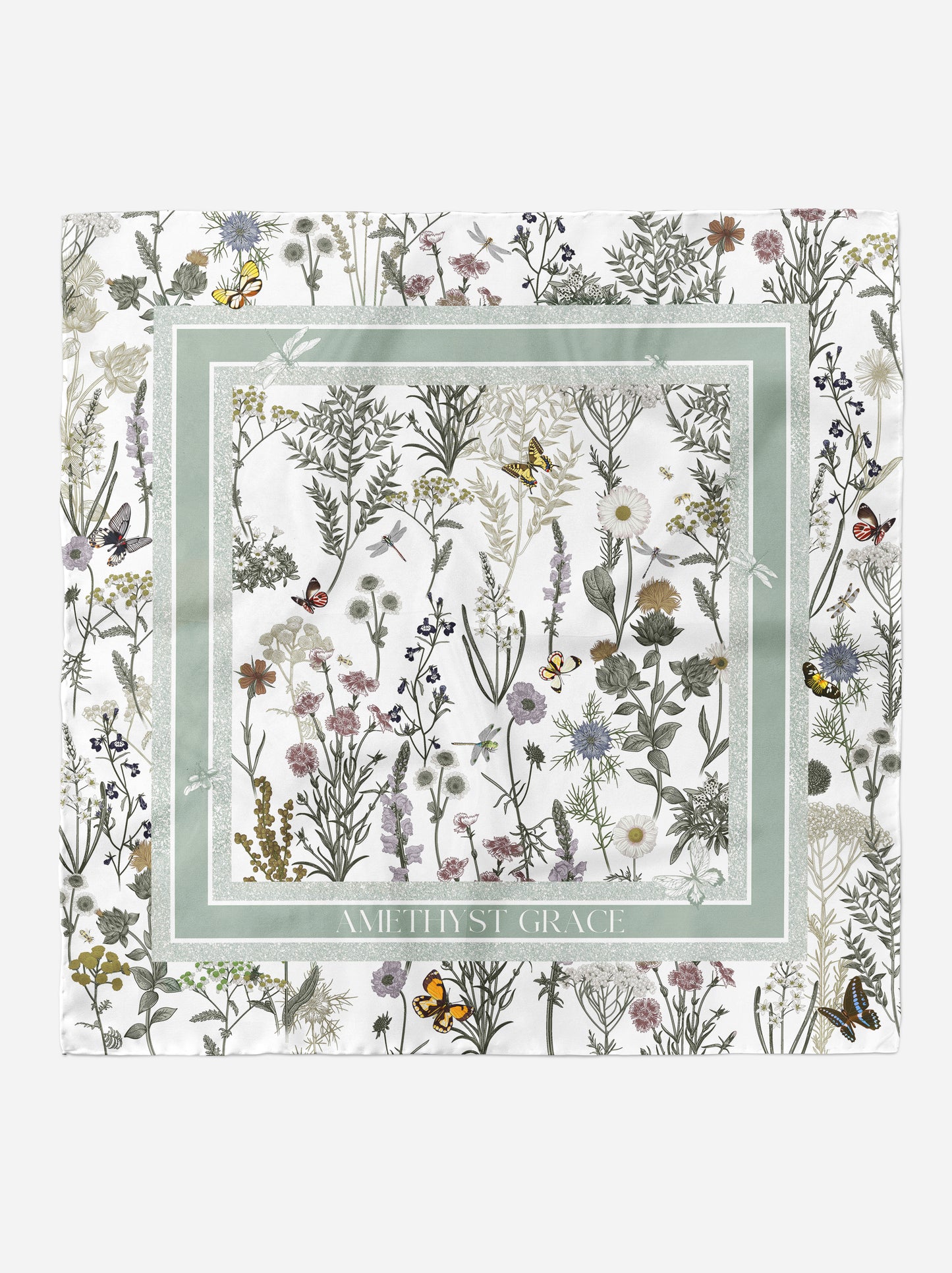 Garden Reverie Square Scarf – Pastel Green – Silk Wool Modal Blend