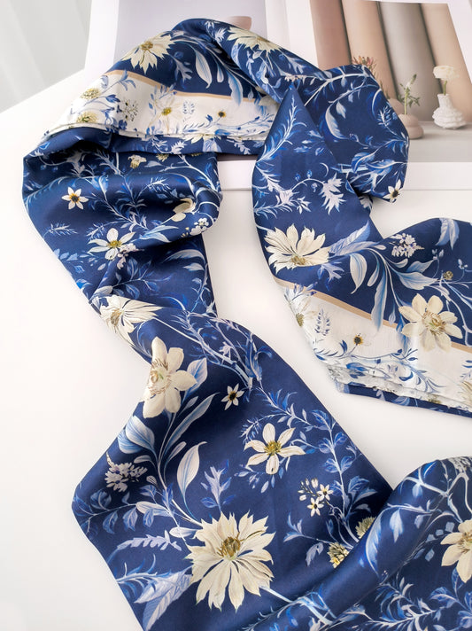 Meadow Swirl Shawl – Blue & Beige – Silk Wool Modal Blend