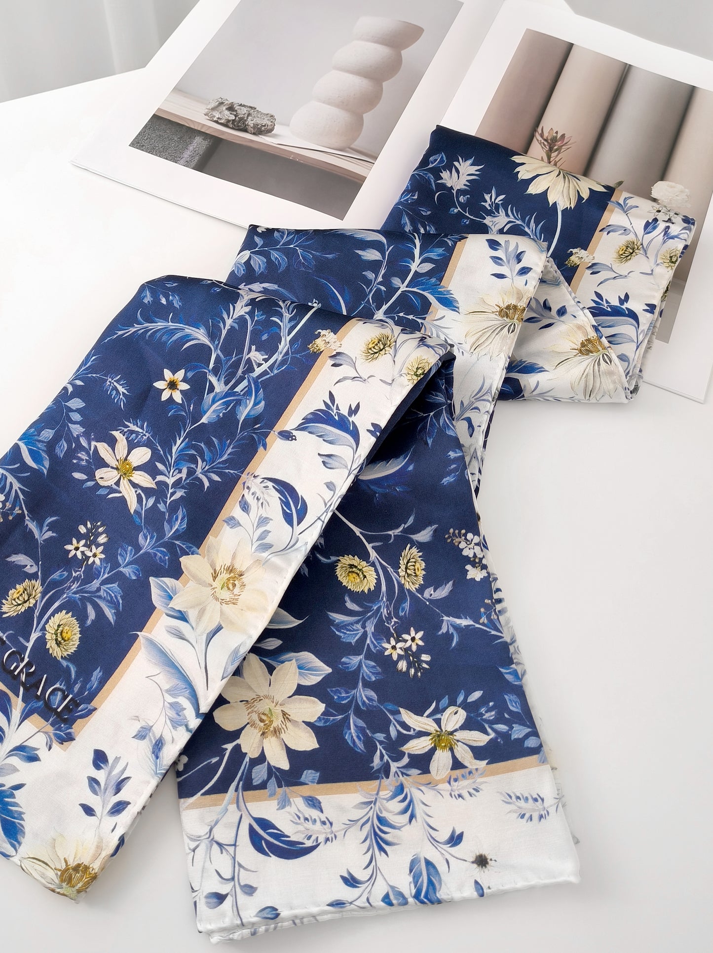 Meadow Swirl Shawl – Blue & Beige – Silk Wool Modal Blend