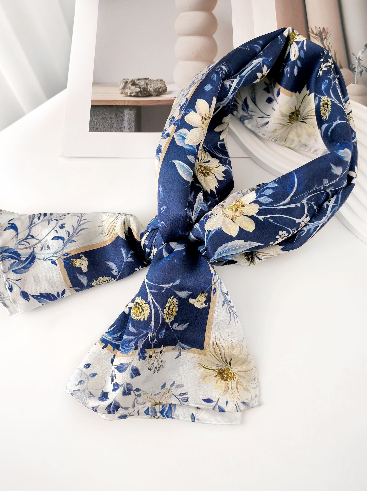 Meadow Swirl Shawl – Blue & Beige – Silk Wool Modal Blend