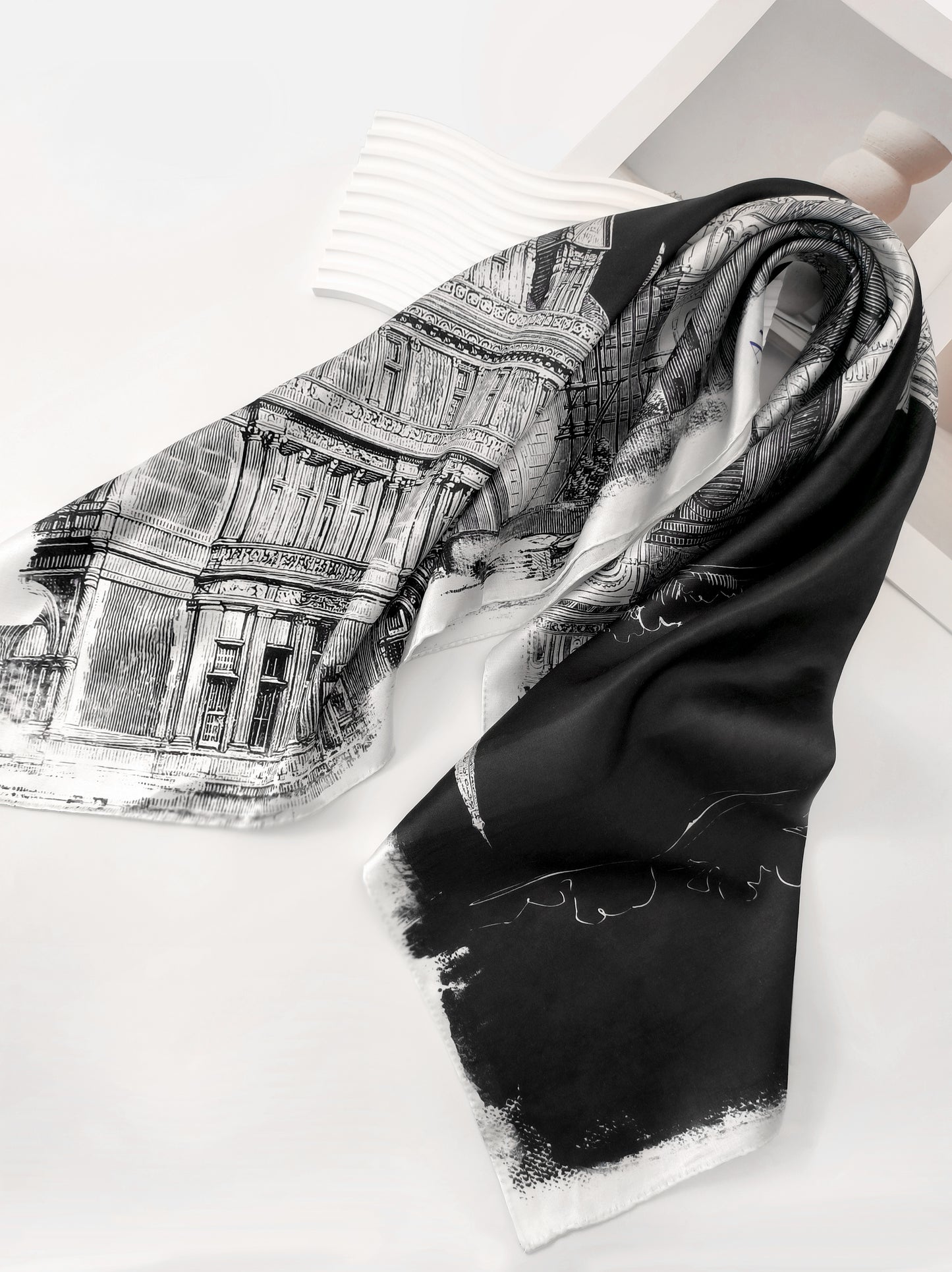 Outline Print Square Scarf – Black & White – Silk Wool Modal Blend