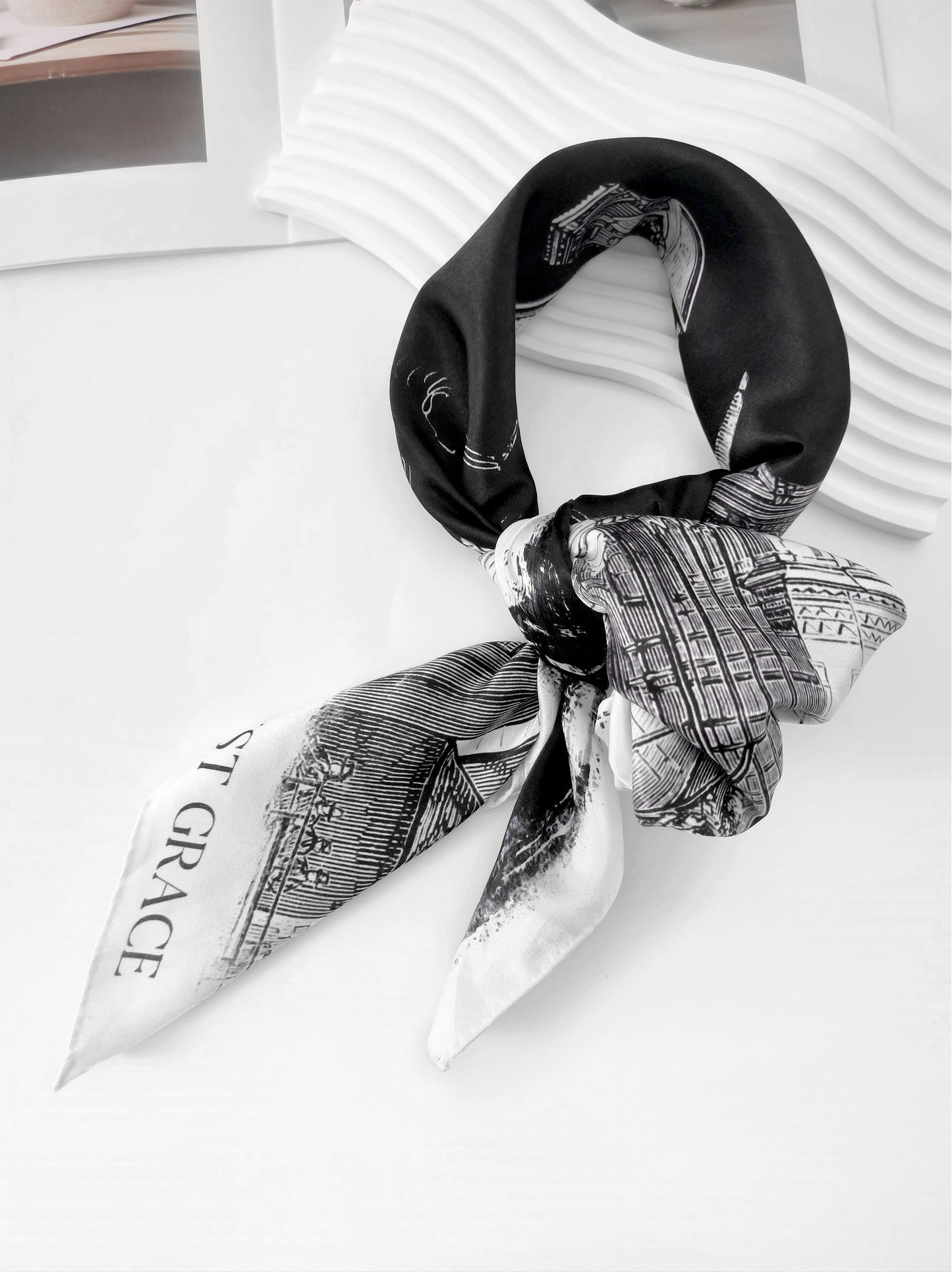 Outline Print Square Scarf – Black & White – Silk Wool Modal Blend