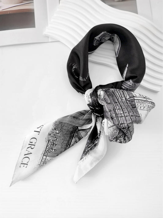 Outline Print Square Scarf – Black & White – Silk Wool Modal Blend