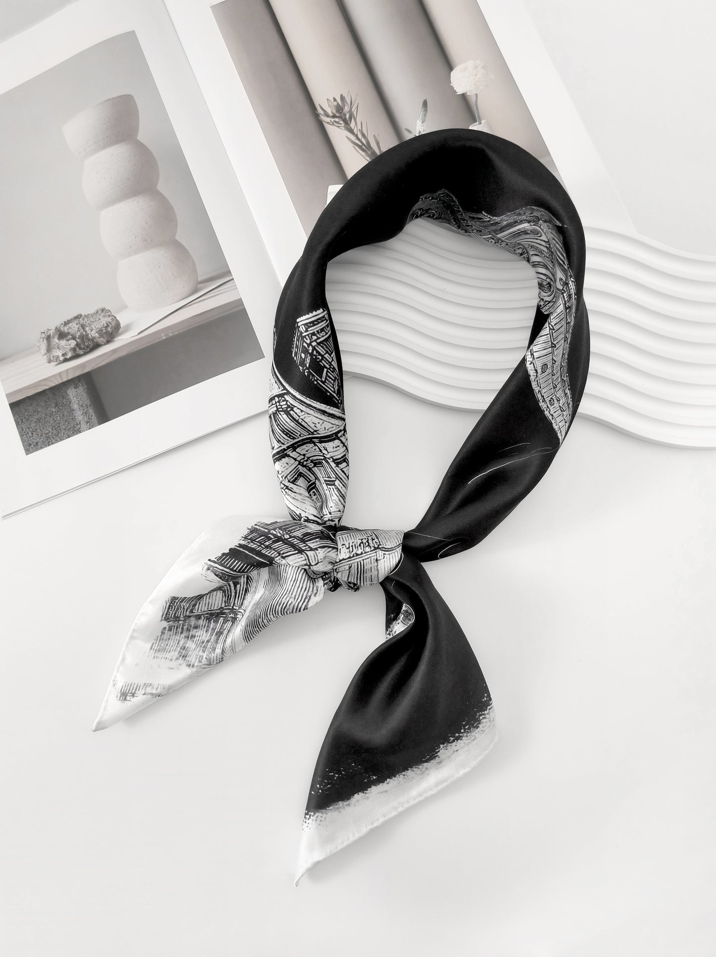 Outline Print Square Scarf – Black & White – Silk Wool Modal Blend