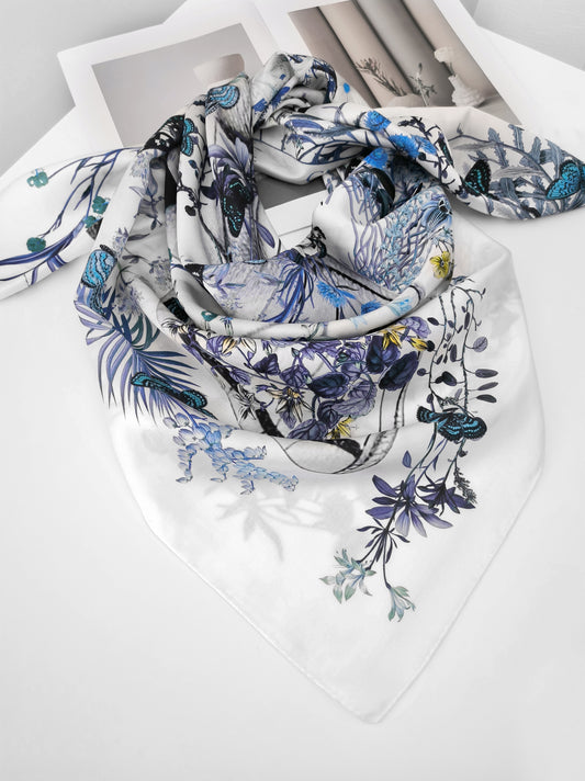 Peach Garden Print Square Scarf – Blue & White – Silk Wool Modal Blend