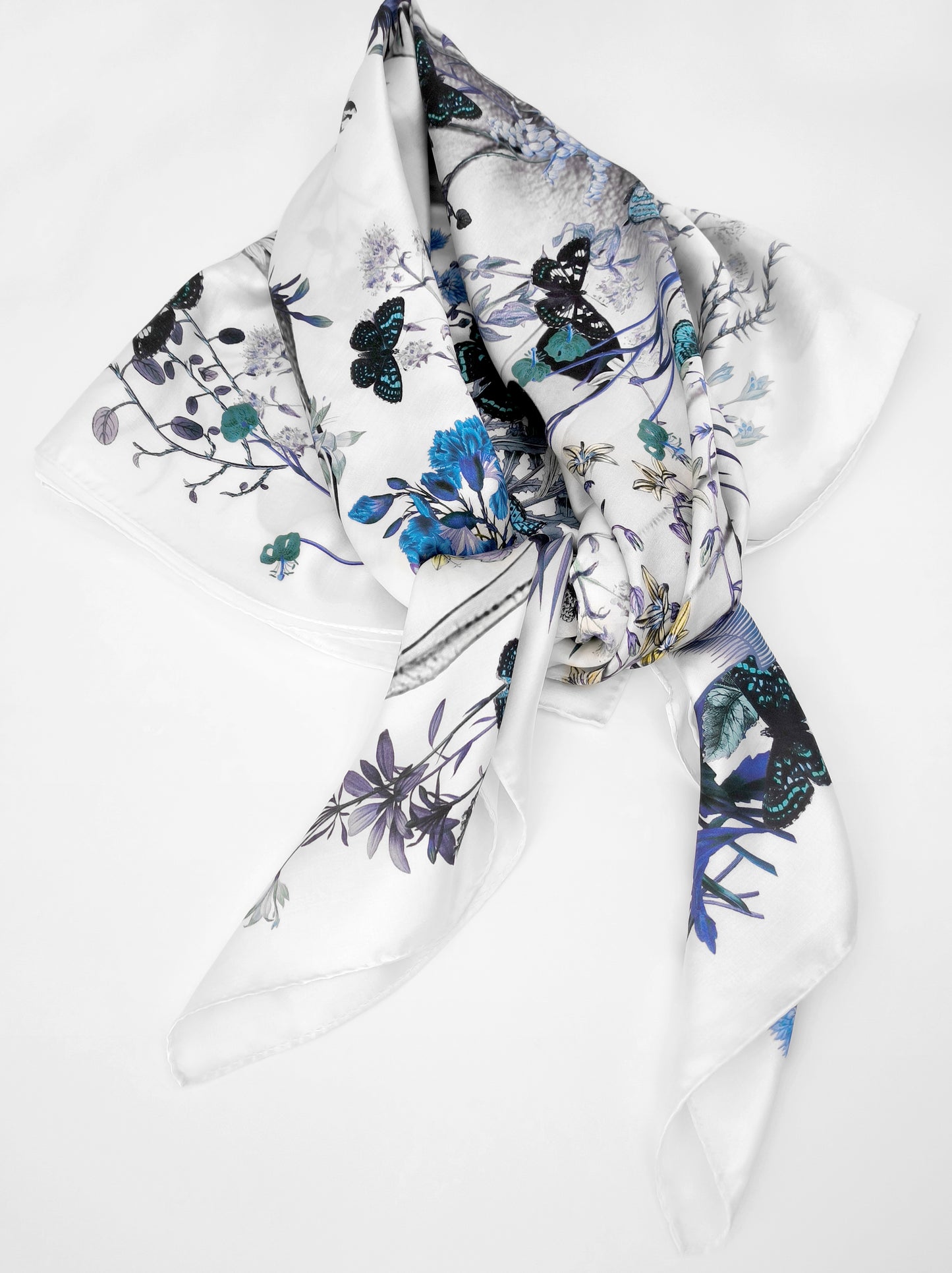 Peach Garden Print Square Scarf – Blue & White – Silk Wool Modal Blend