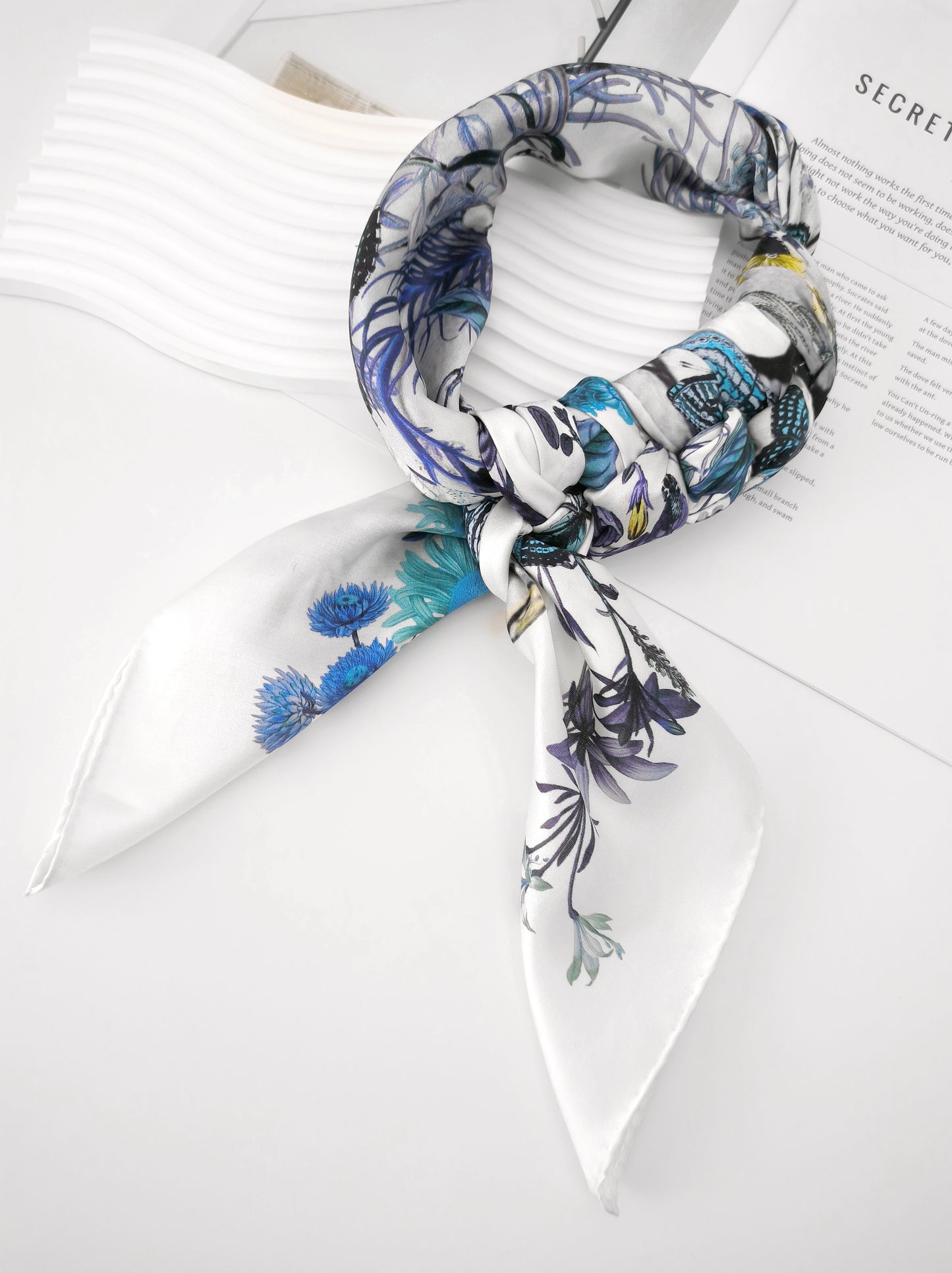 Peach Garden Print Square Scarf – Blue & White – Silk Wool Modal Blend