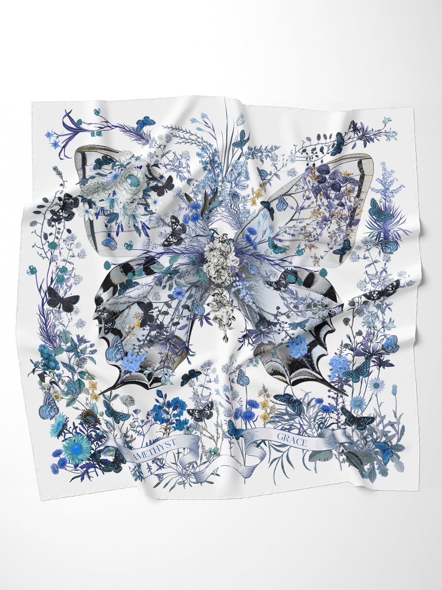 Peach Garden Print Square Scarf – Blue & White – Silk Wool Modal Blend