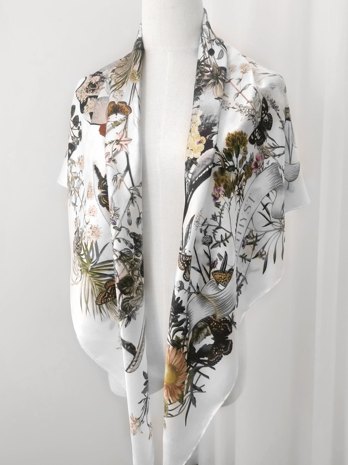 Peach Garden Print Square Scarf – Grey & Pink – Silk Wool Modal Blend