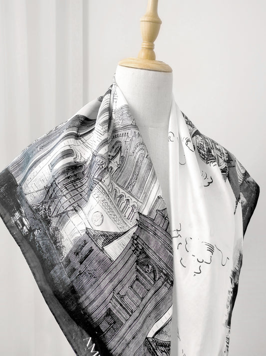 Outline Print Square Scarf – White & Black – Silk Wool Modal Blend