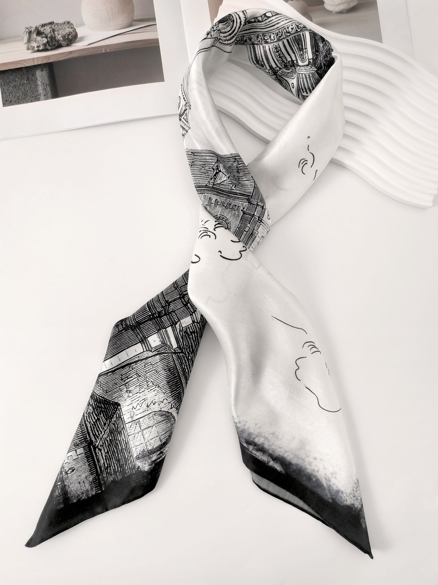 Outline Print Square Scarf – White & Black – Silk Wool Modal Blend