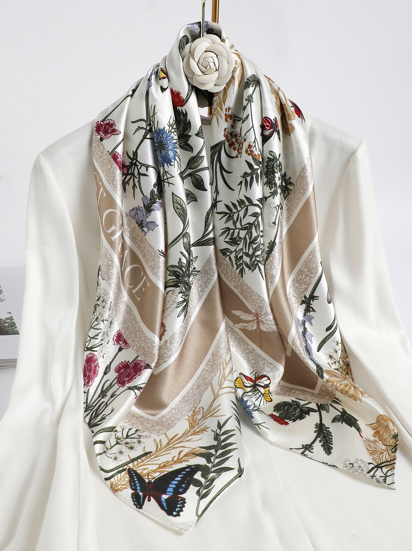 Garden Reverie Square Scarf – Beige & Green – Silk Wool Modal Blend