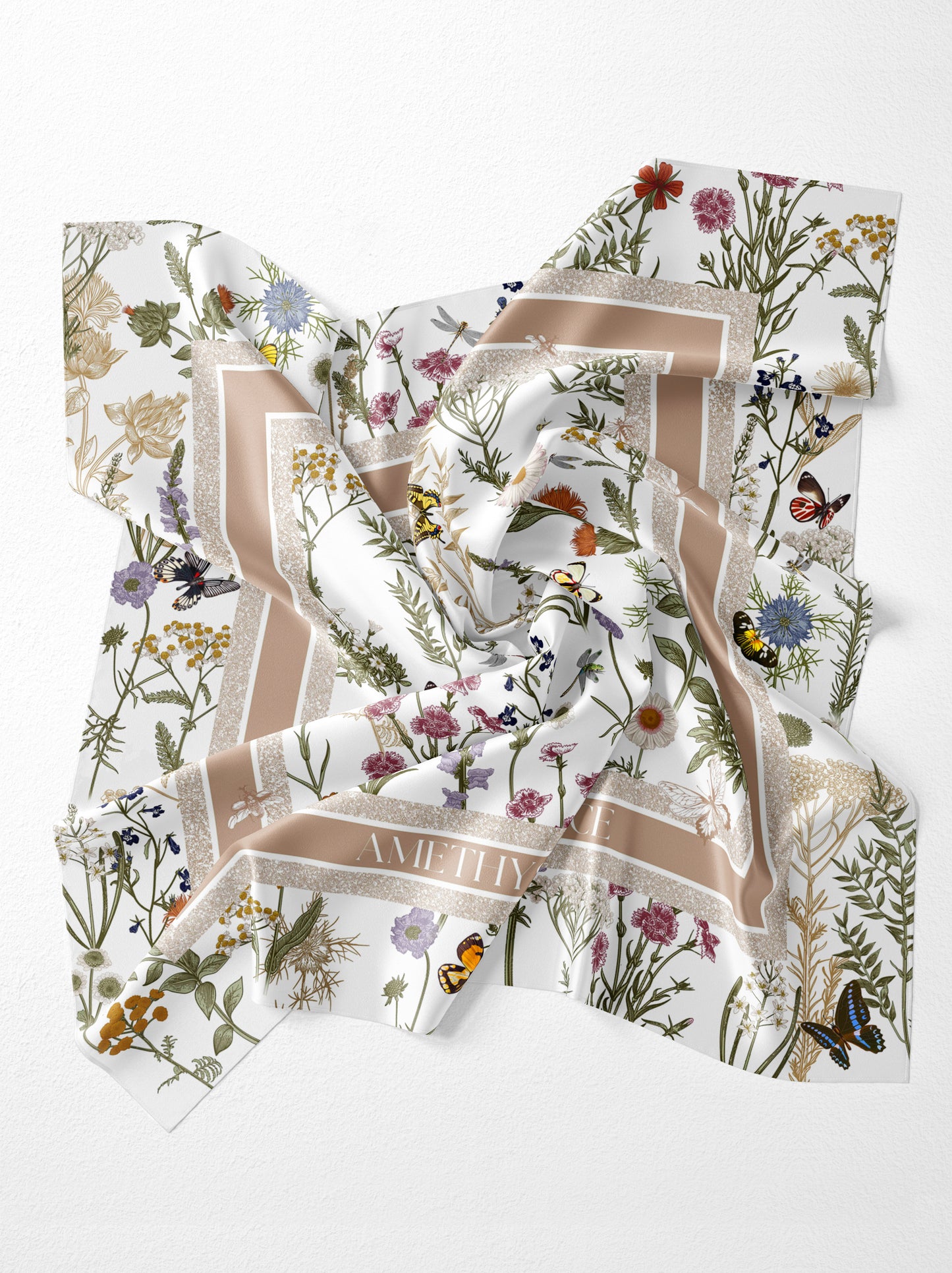 Garden Reverie Square Scarf – Beige & Green – Silk Wool Modal Blend