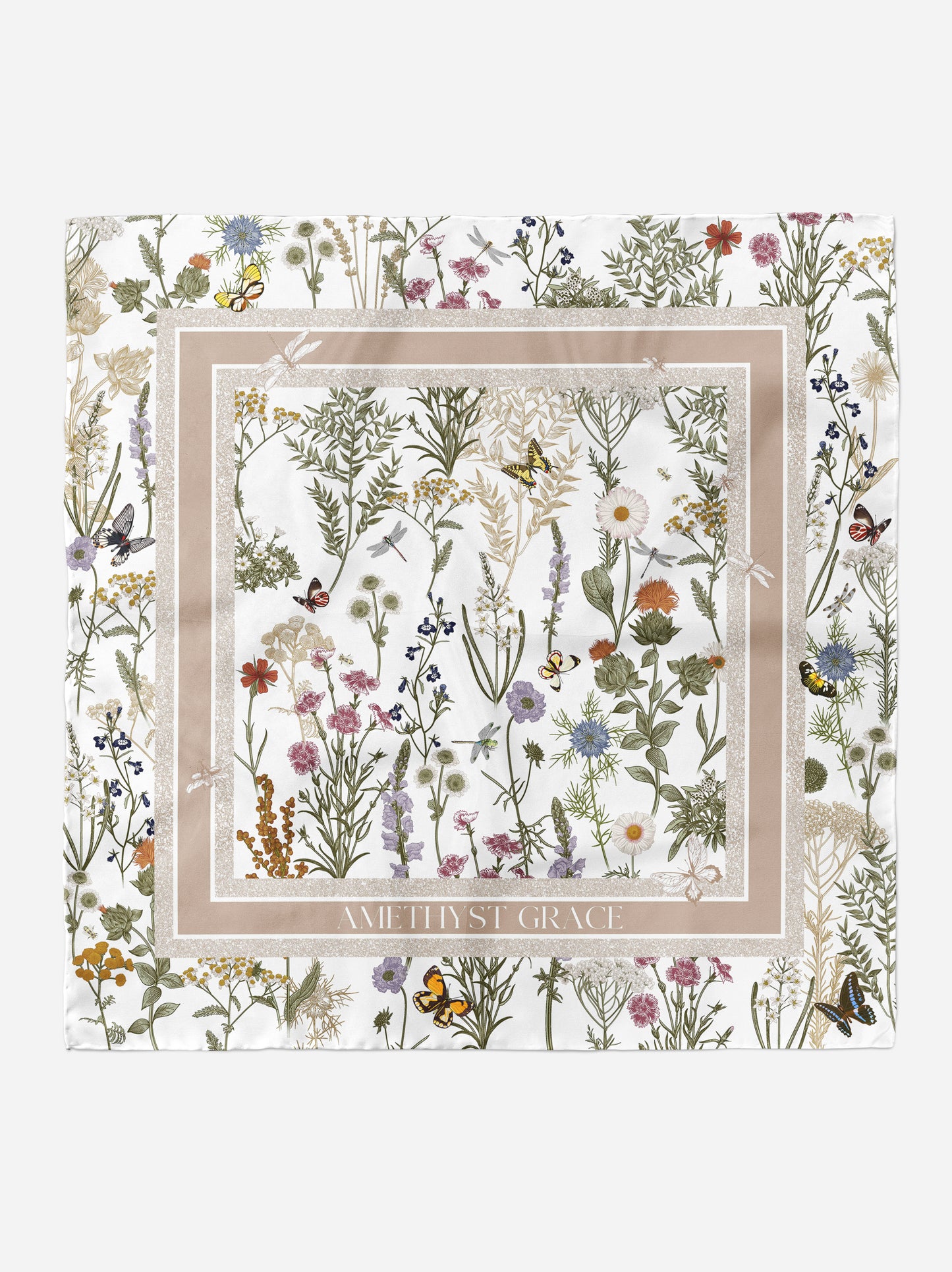 Garden Reverie Square Scarf – Beige & Green – Silk Wool Modal Blend