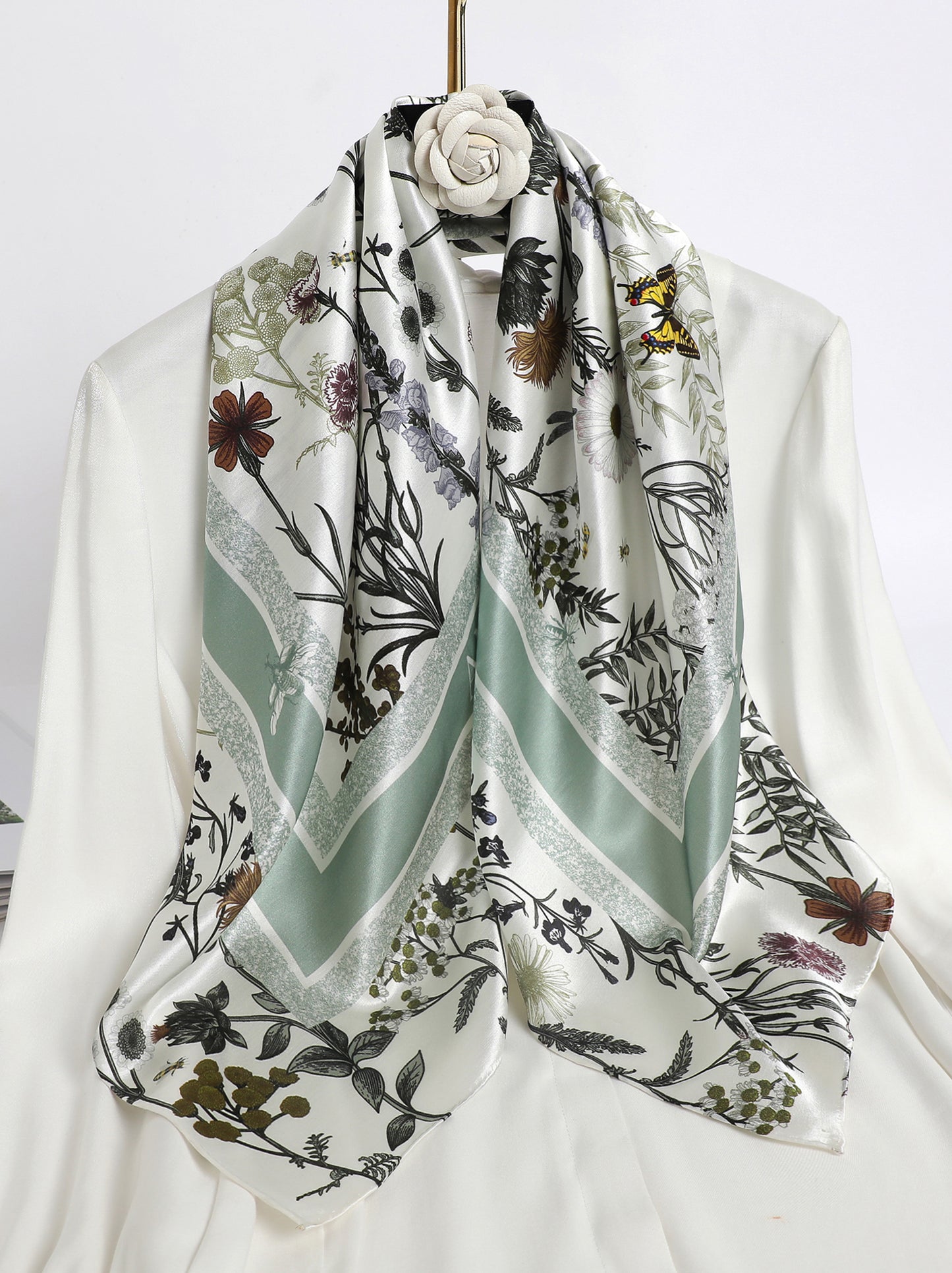 Garden Reverie Square Scarf – Pastel Green – Silk Wool Modal Blend