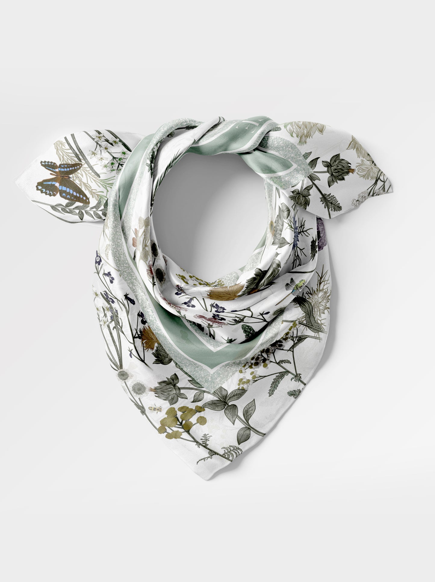 Garden Reverie Square Scarf – Pastel Green – Silk Wool Modal Blend