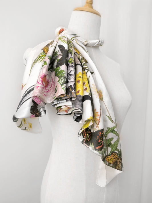 Peach Garden Print Square Scarf – Multicolor – Silk Wool Modal Blend