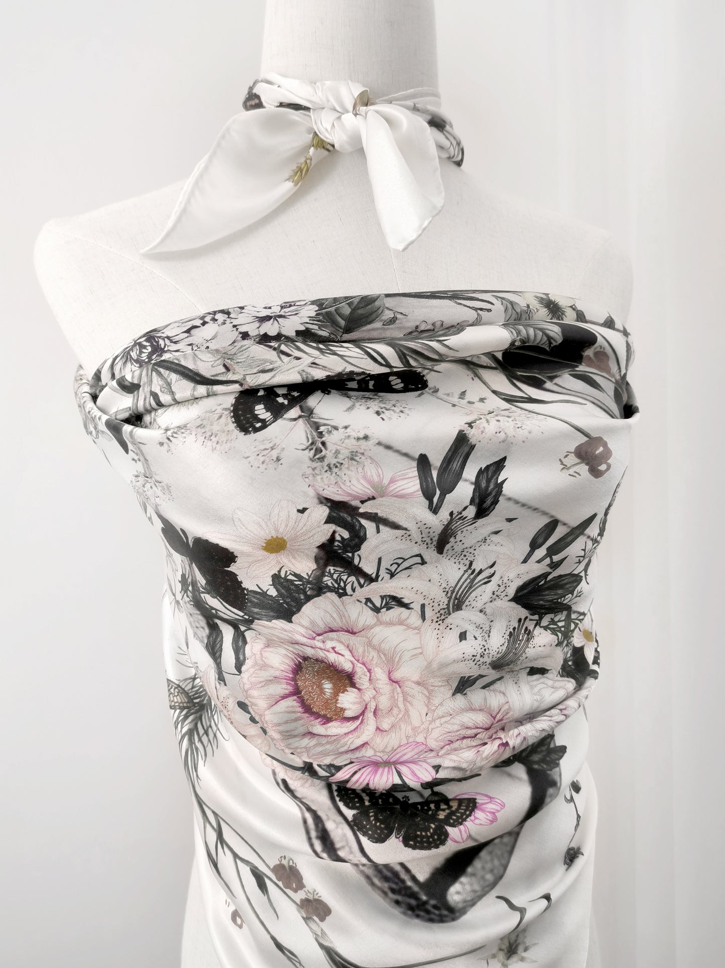Peach Garden Print Square Scarf – Grey & Pink – Silk Wool Modal Blend