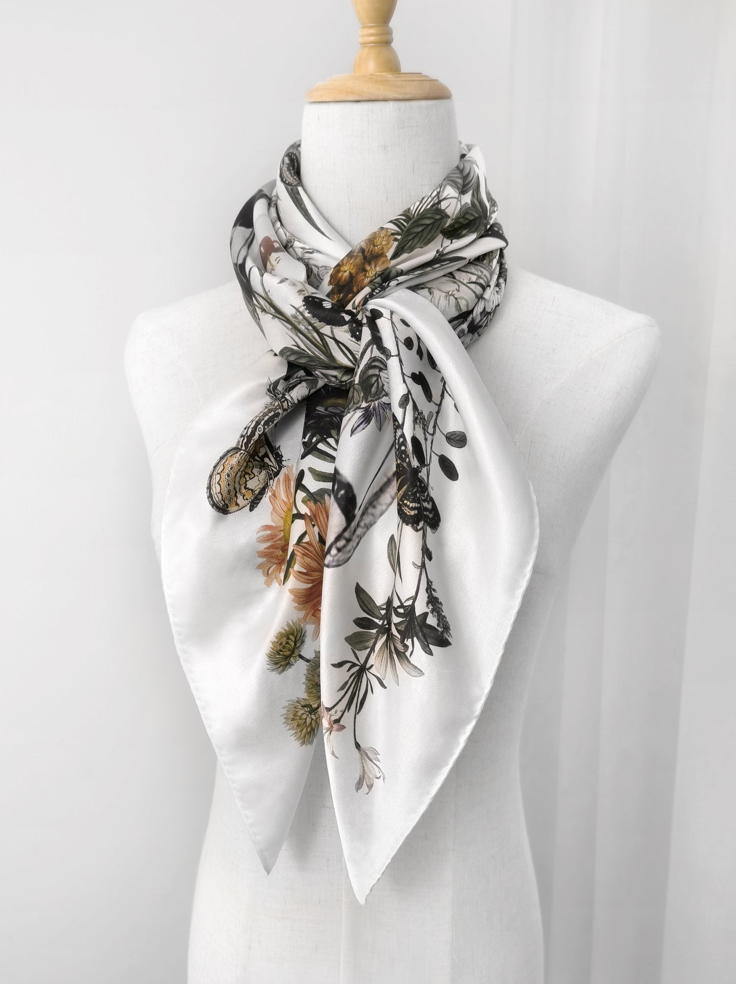 Peach Garden Print Square Scarf – Grey & Pink – Silk Wool Modal Blend