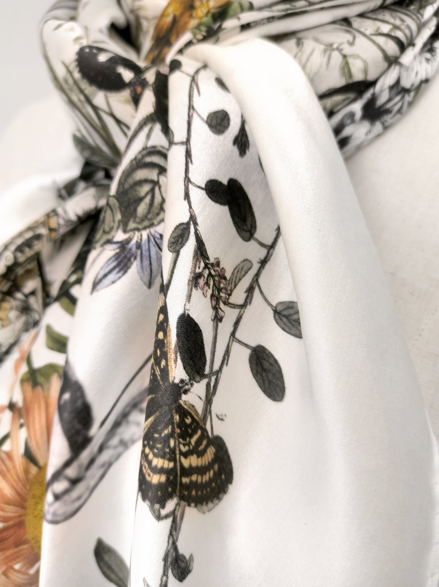 Peach Garden Print Square Scarf – Grey & Pink – Silk Wool Modal Blend