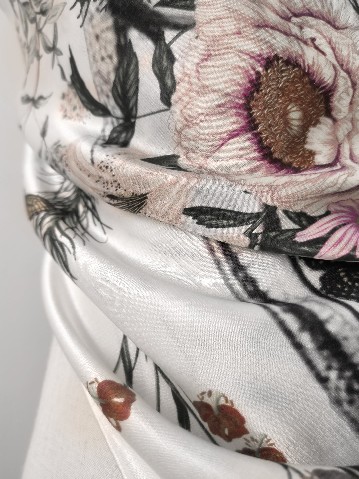 Peach Garden Print Square Scarf – Grey & Pink – Silk Wool Modal Blend