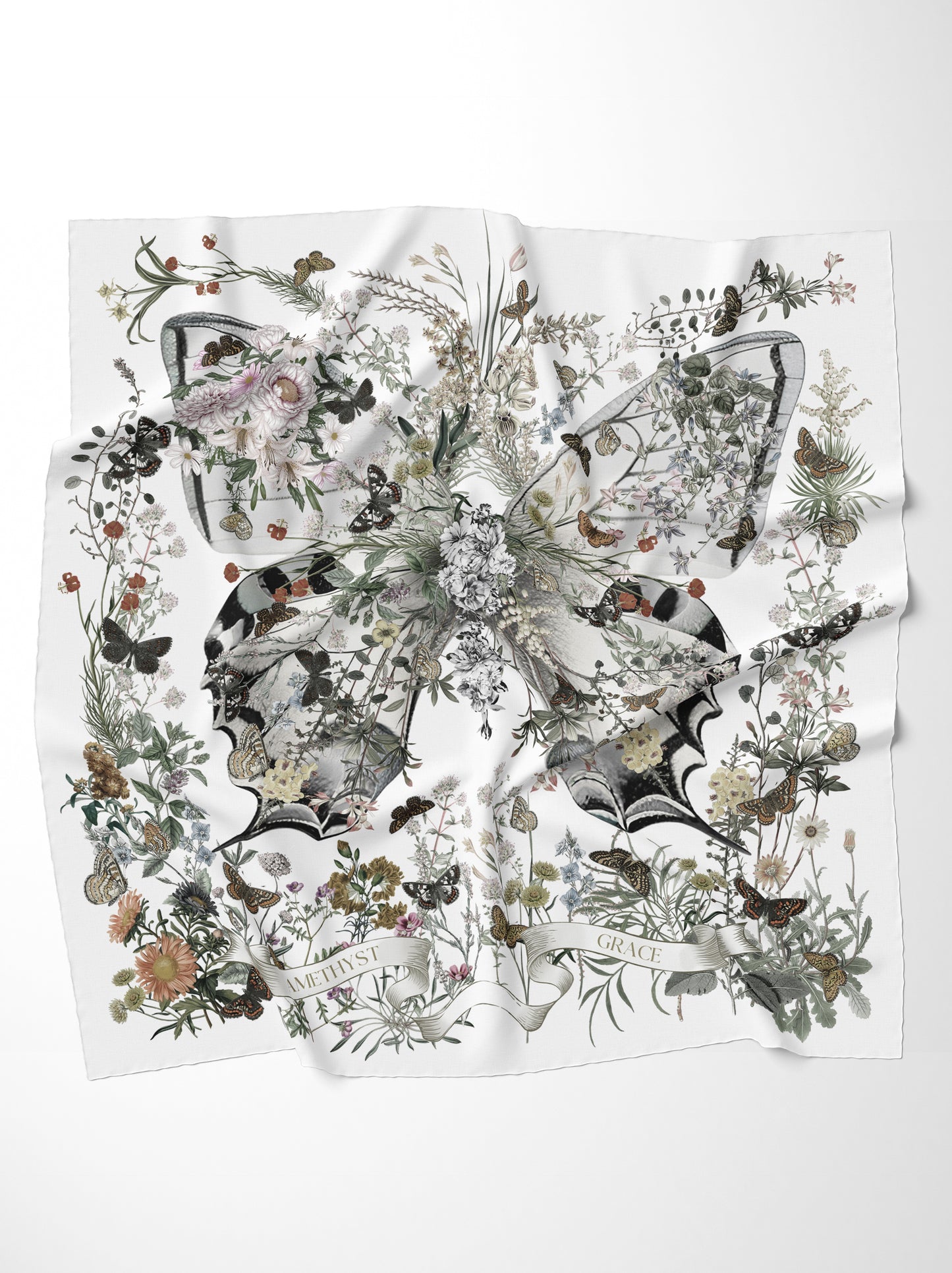 Peach Garden Print Square Scarf – Grey & Pink – Silk Wool Modal Blend