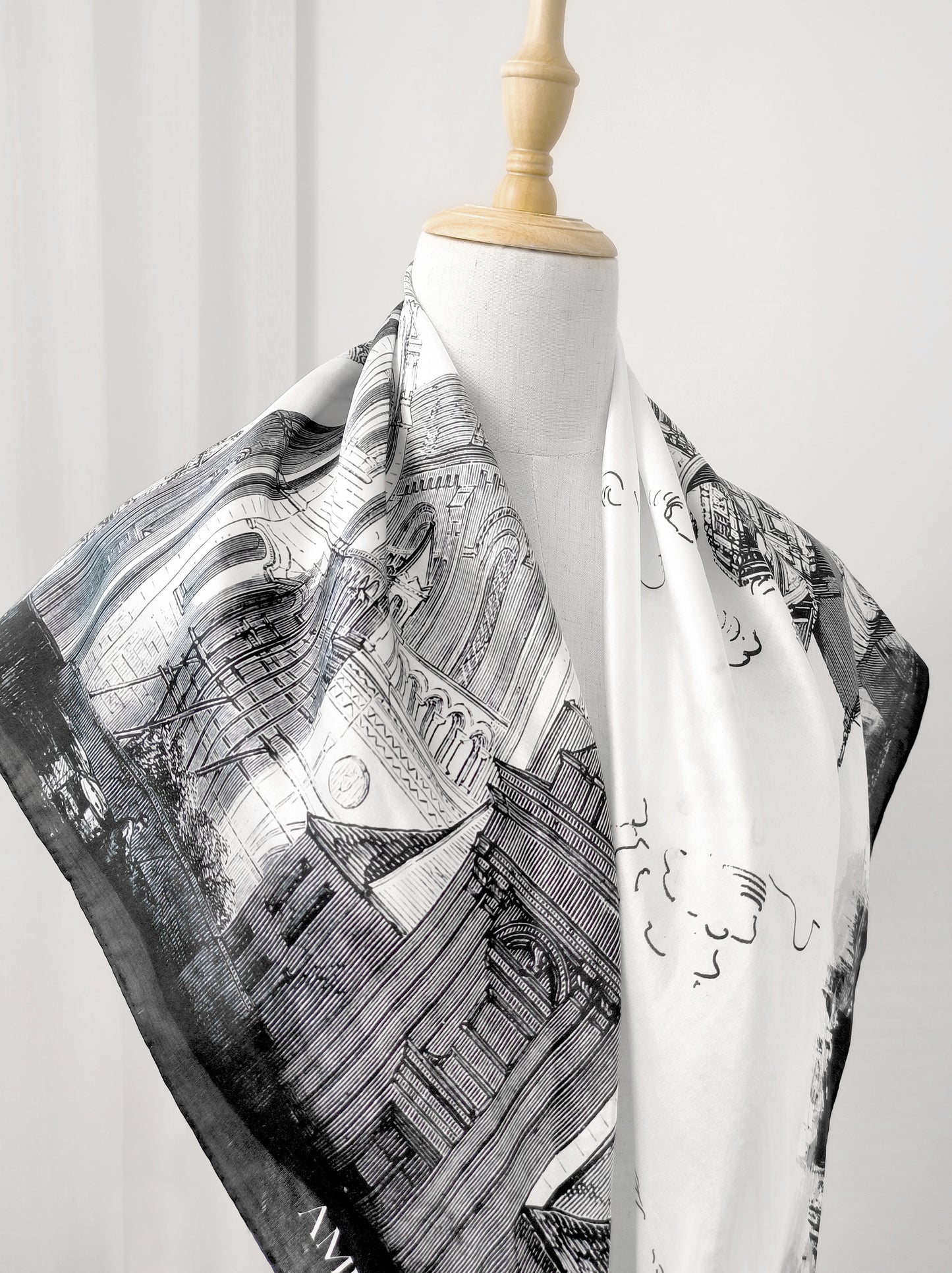 Outline Print Square Scarf – White & Black – Silk Wool Modal Blend