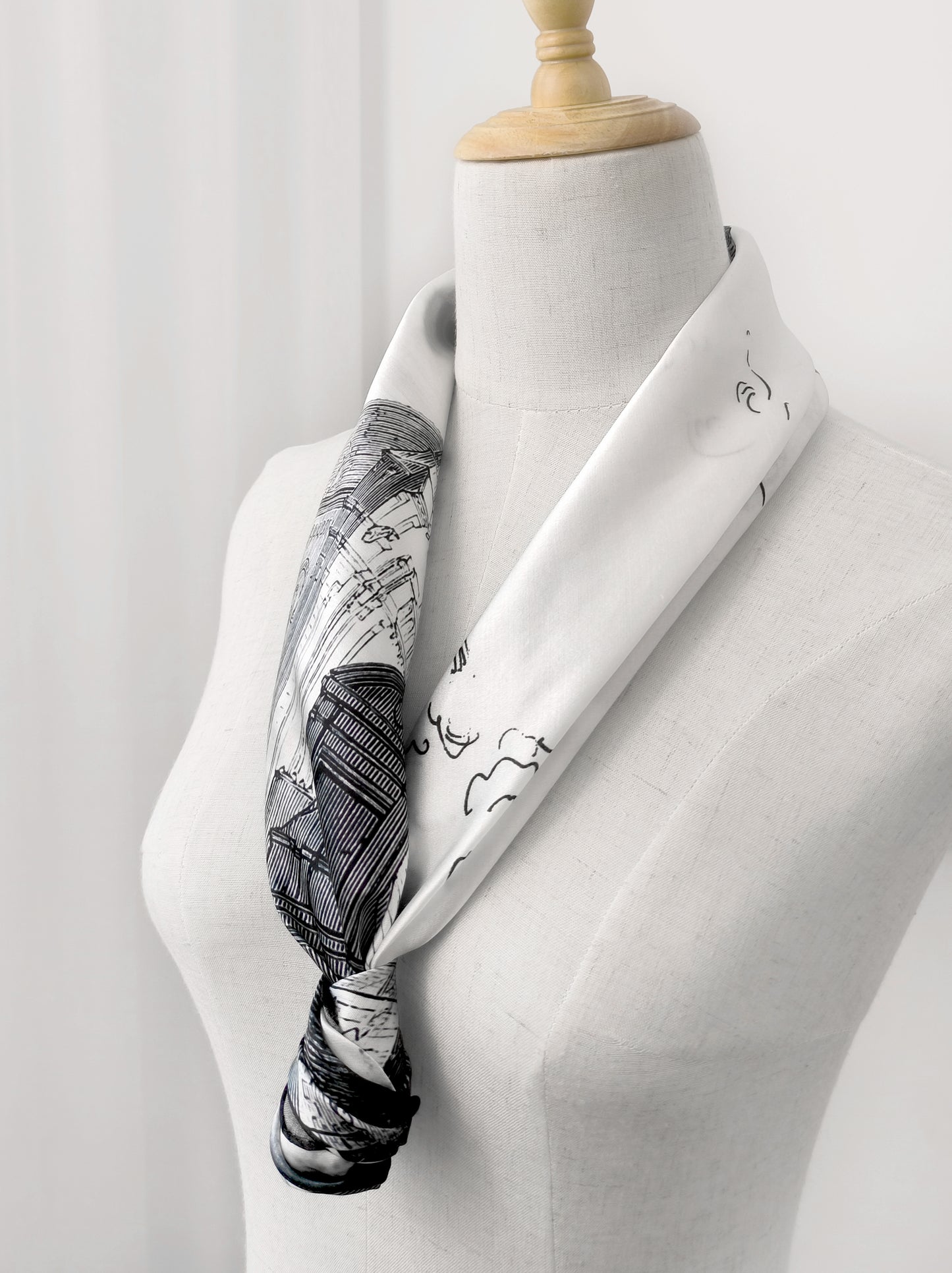 Outline Print Square Scarf – White & Black – Silk Wool Modal Blend