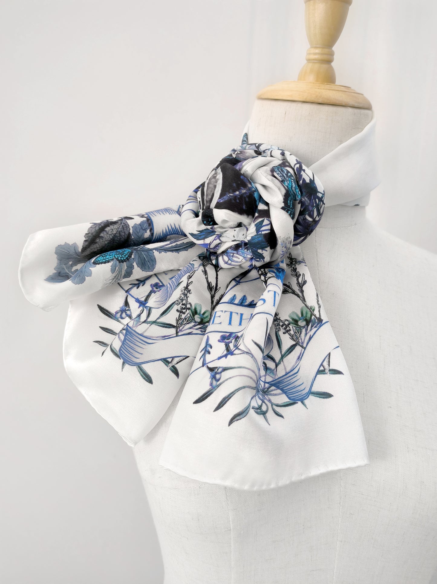 Peach Garden Print Oblong Scarf – Blue & White – Silk Wool Modal Blend