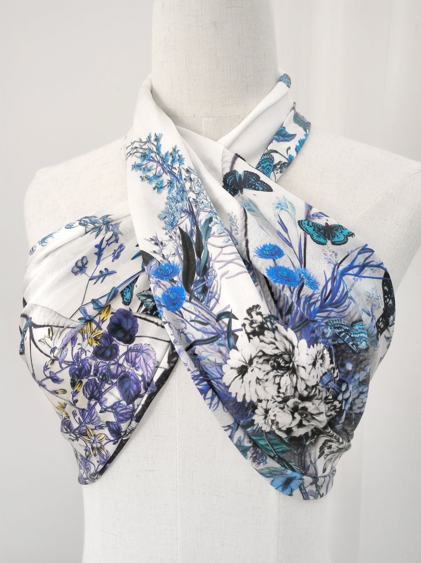 Peach Garden Print Oblong Scarf – Blue & White – Silk Wool Modal Blend
