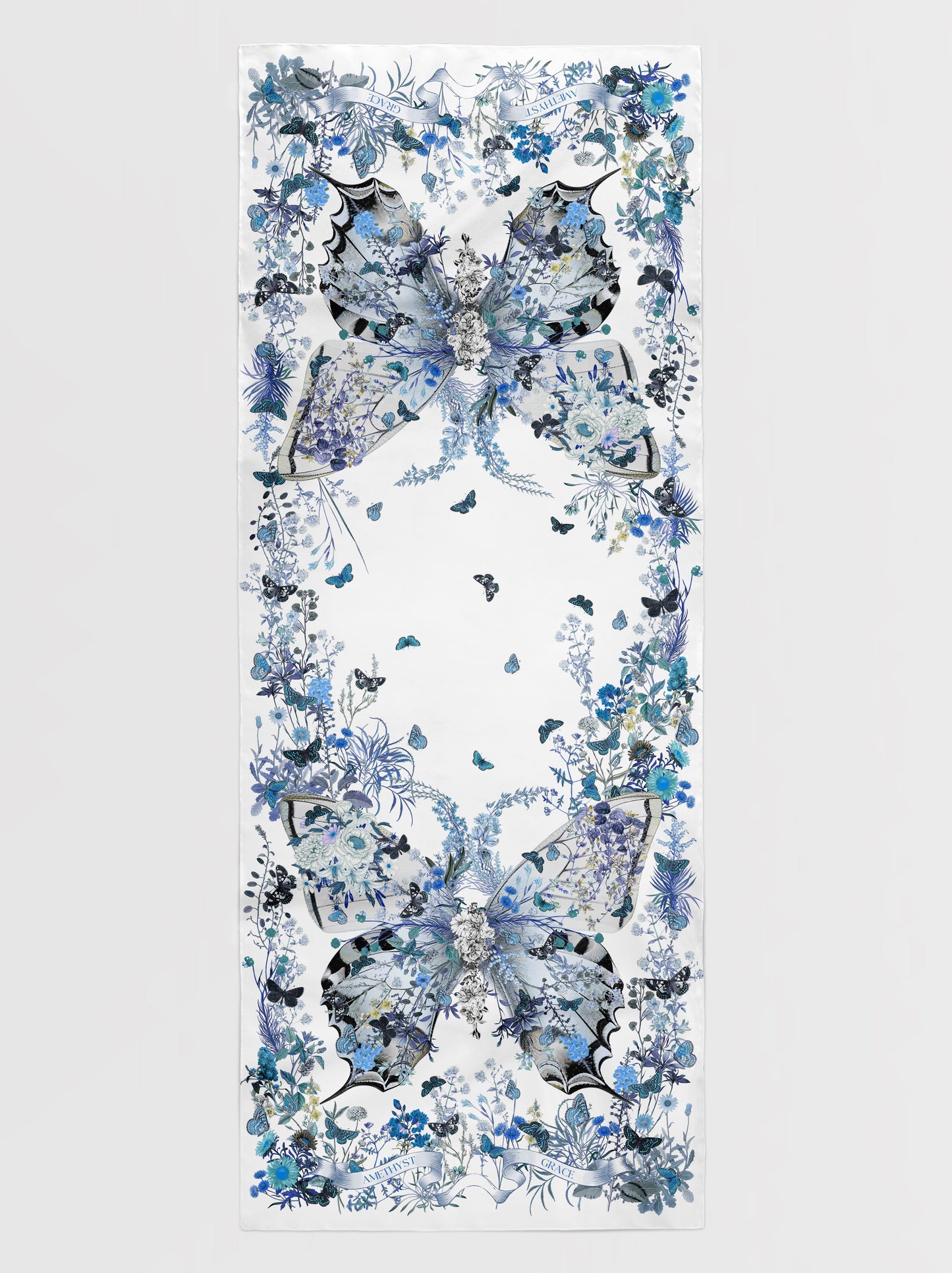Peach Garden Print Oblong Scarf – Blue & White – Silk Wool Modal Blend