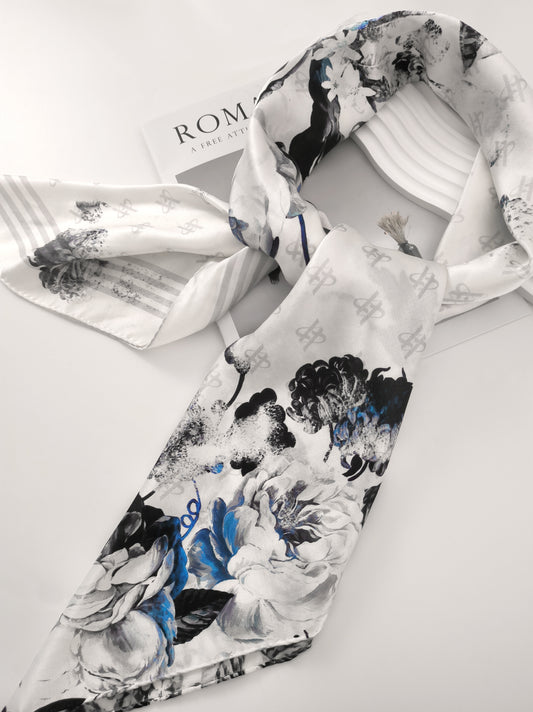 Rose Emblem Print Scarf – Grey & Blue – Silk Wool Modal Blend