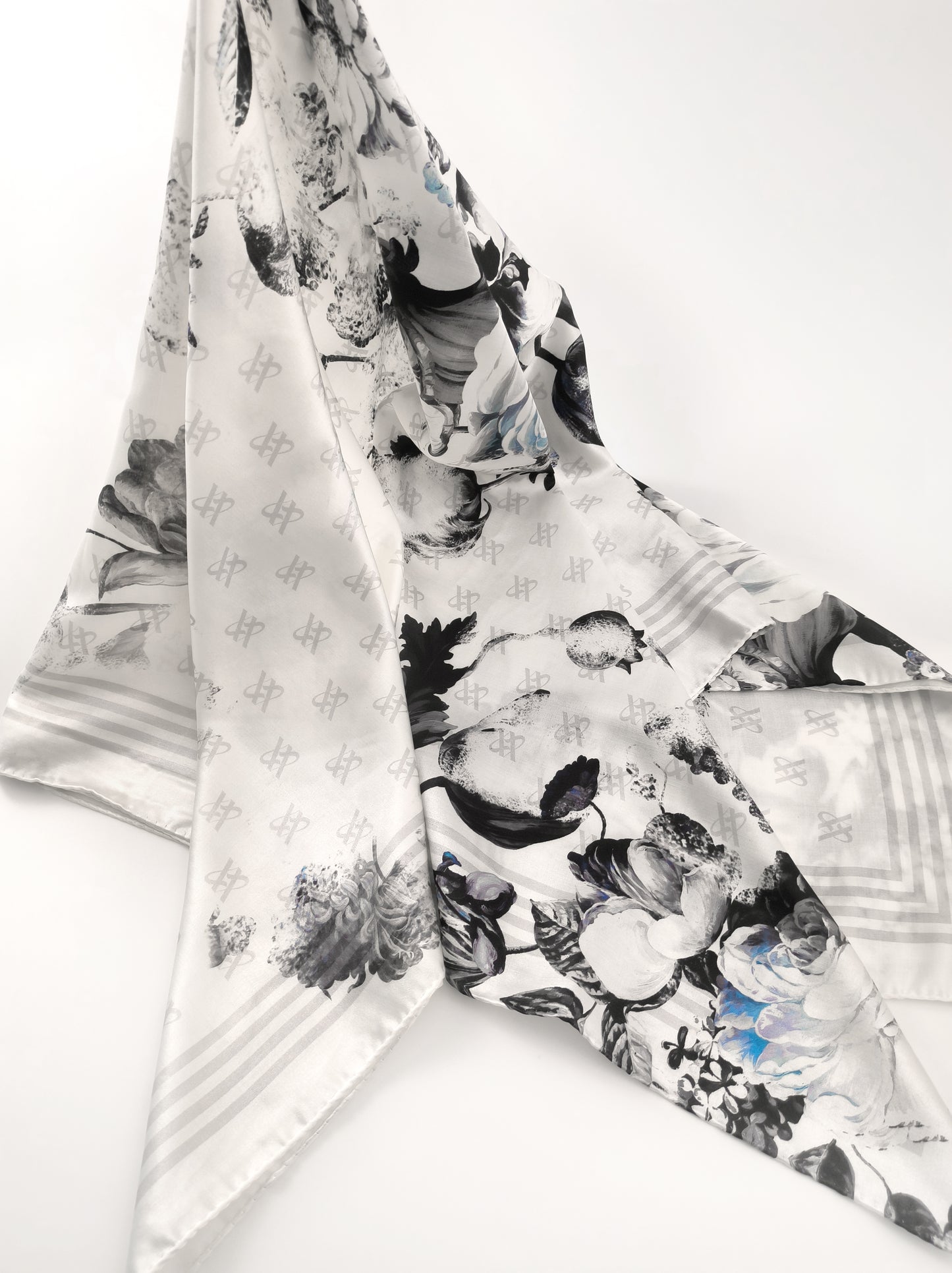 Rose Emblem Print Scarf – Grey & Blue – Silk Wool Modal Blend