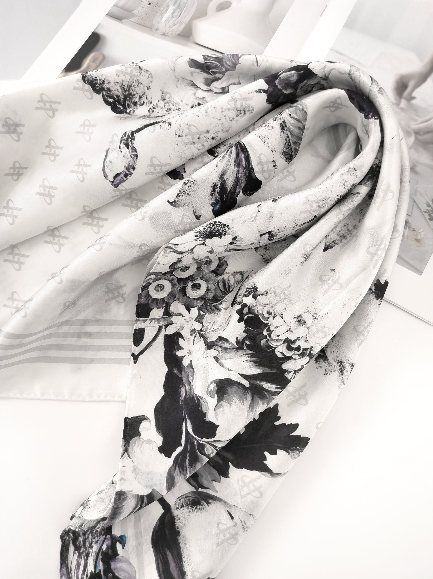 Rose Emblem Print Scarf – Grey & Blue – Silk Wool Modal Blend