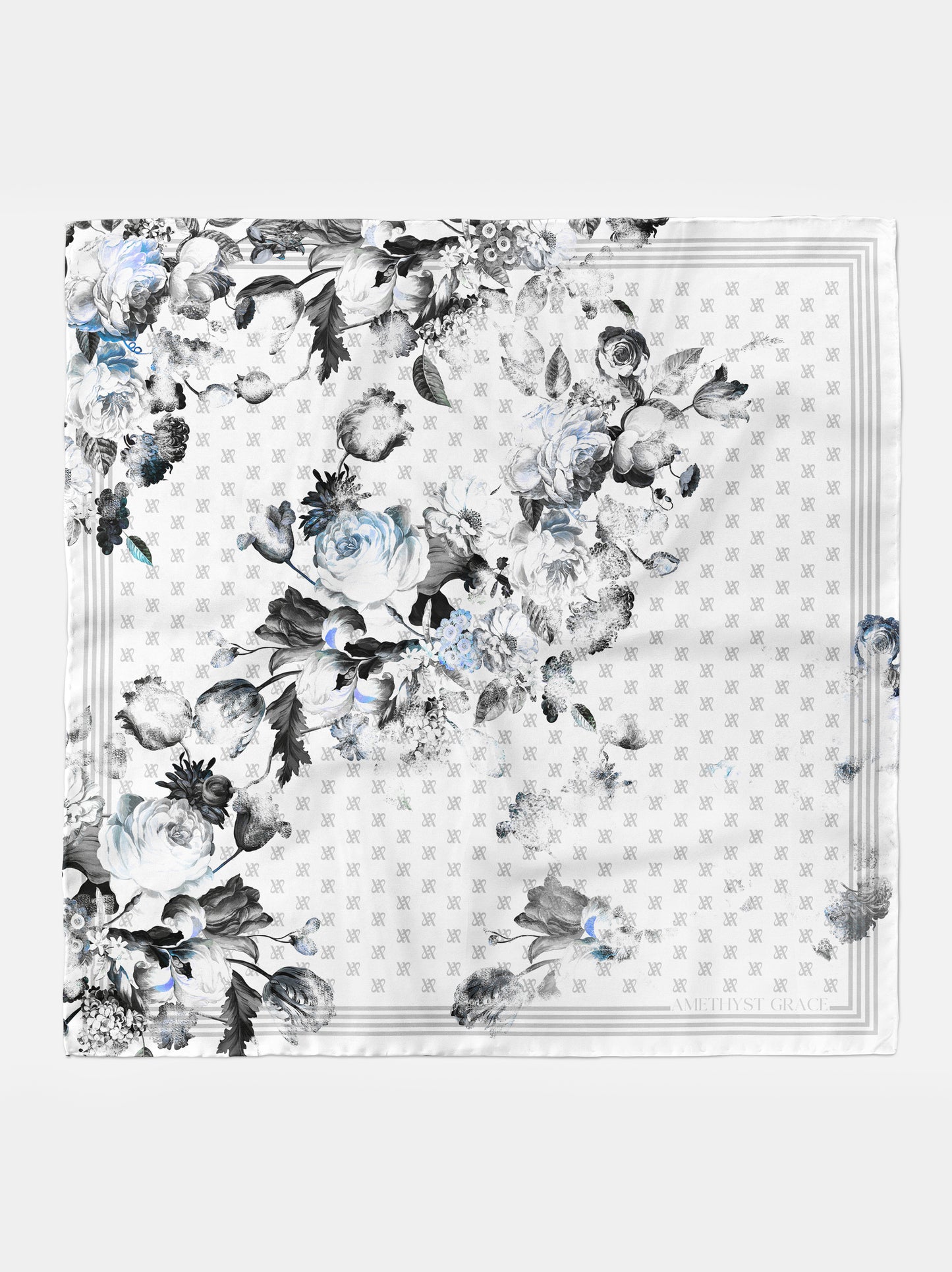 Rose Emblem Print Scarf – Grey & Blue – Silk Wool Modal Blend