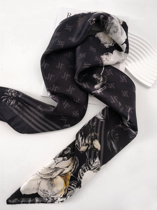 Rose Emblem Print Scarf – Black & Beige – Silk Wool Modal Blend