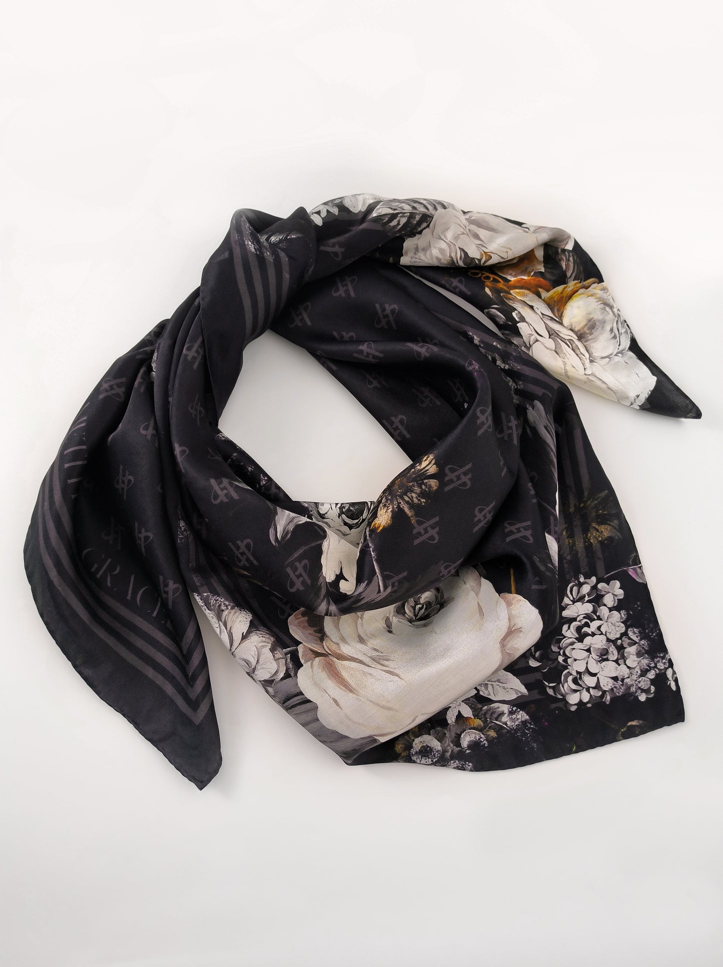 Rose Emblem Print Scarf – Black & Beige – Silk Wool Modal Blend