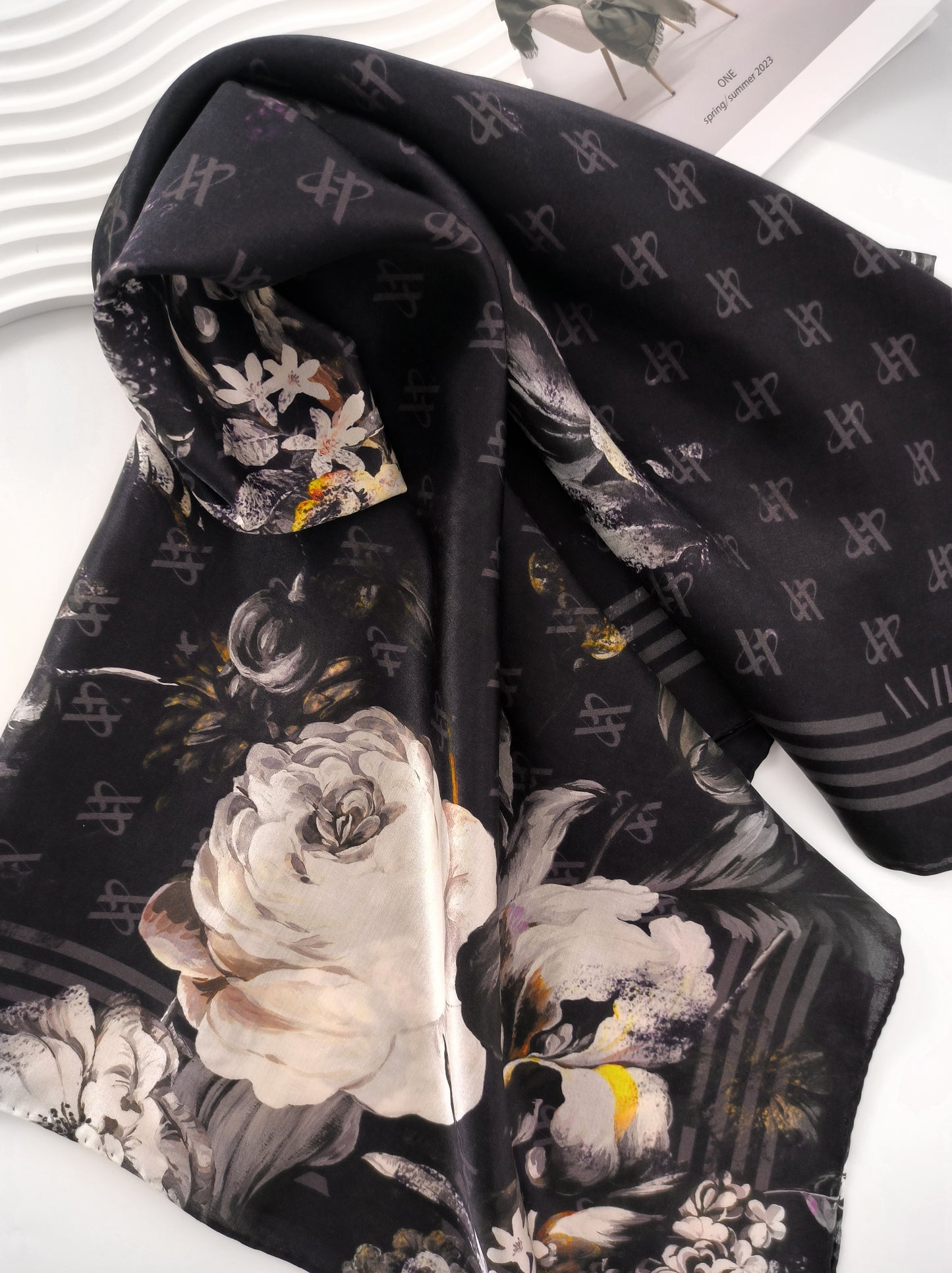 Rose Emblem Print Scarf – Black & Beige – Silk Wool Modal Blend