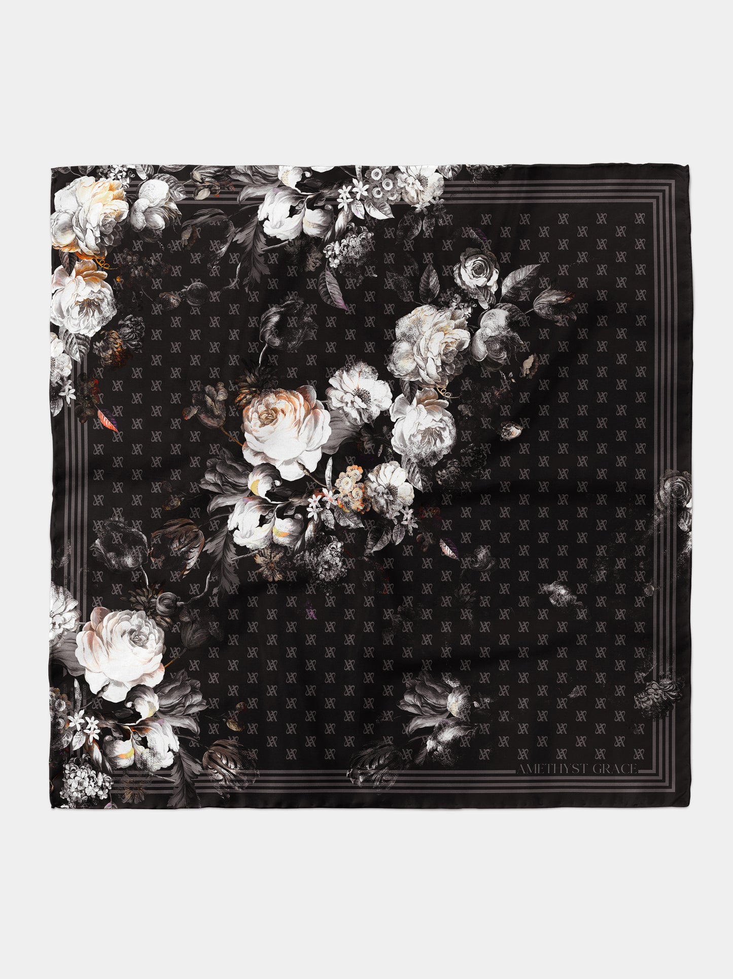 Rose Emblem Print Scarf – Black & Beige – Silk Wool Modal Blend