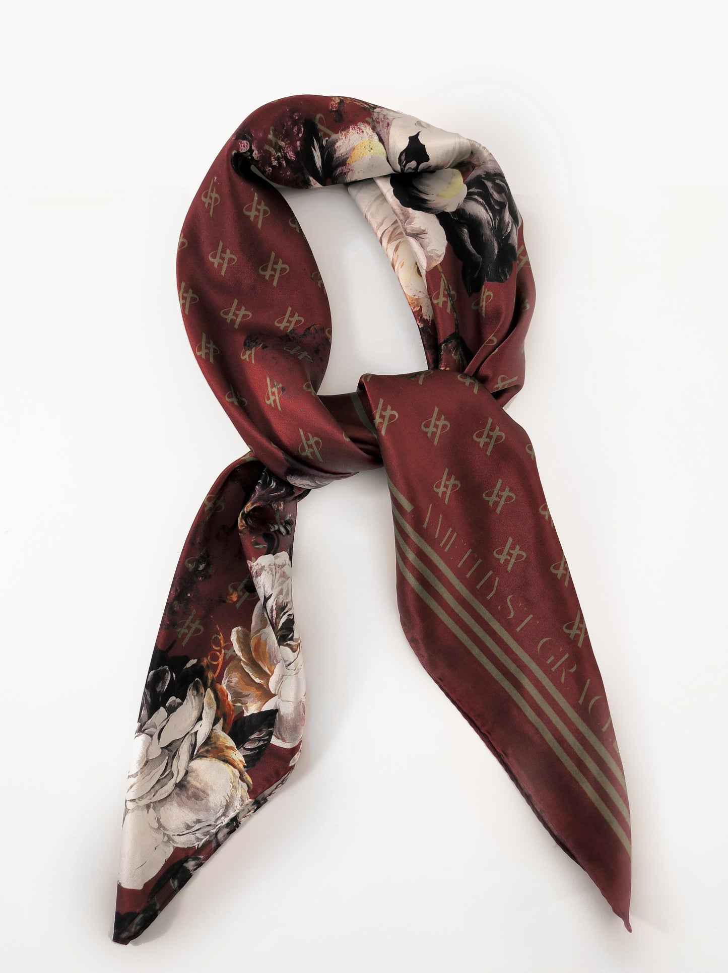 Rose Emblem Print Scarf – Burgundy Red & White – Silk Wool Modal Blend