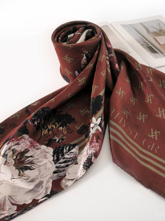 Rose Emblem Print Scarf – Burgundy Red & White – Silk Wool Modal Blend