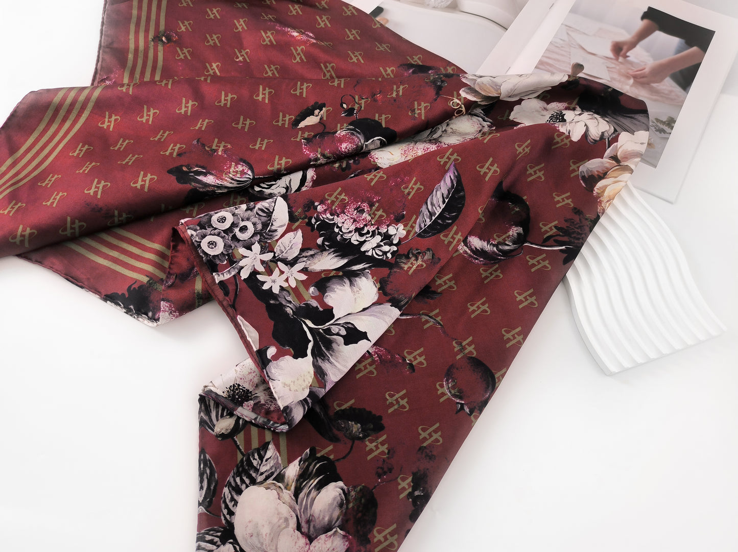 Rose Emblem Print Scarf – Burgundy Red & White – Silk Wool Modal Blend
