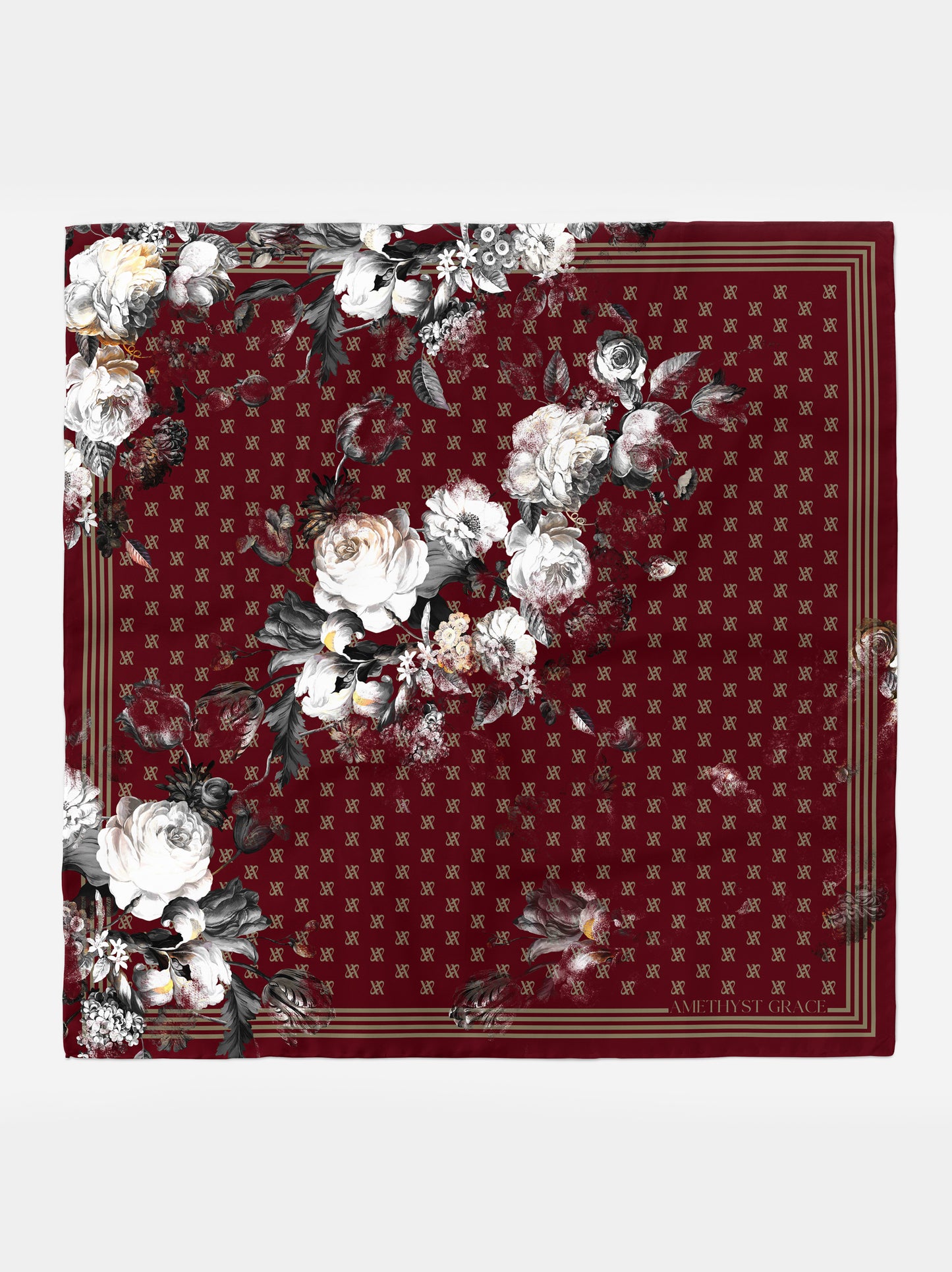 Rose Emblem Print Scarf – Burgundy Red & White – Silk Wool Modal Blend