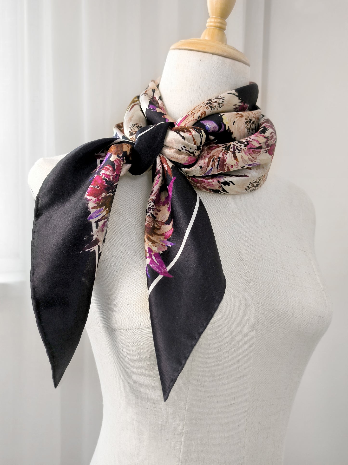 Petal Vibe Print Scarf – Black & Red – Silk Wool Modal Blend